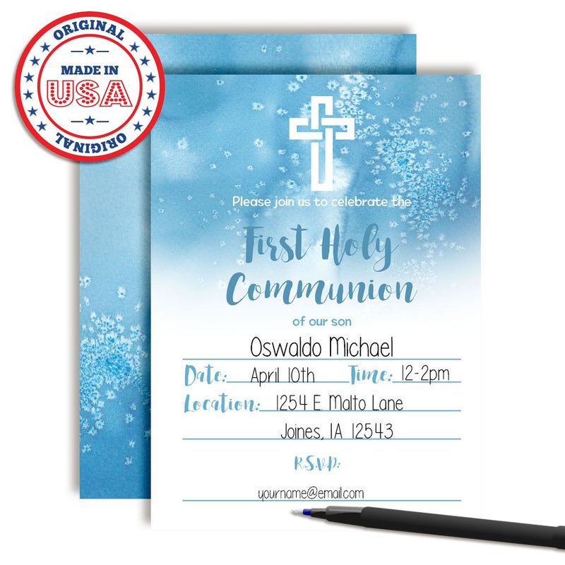 Amanda Creation Blue Watercolor First Holy Communion Religious Party Invitations for Boys, 20 5x7 Fill In Cards with Twenty White Envelopes by AmandaCreation - Image 3